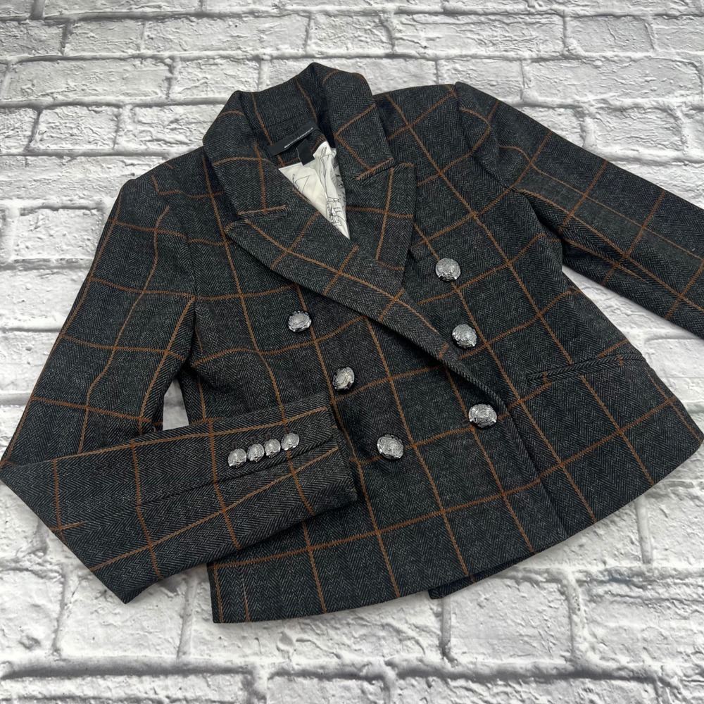 White House Black Market Blazer Womens 2 Grey Brown Windowpane Plaid Herringbone